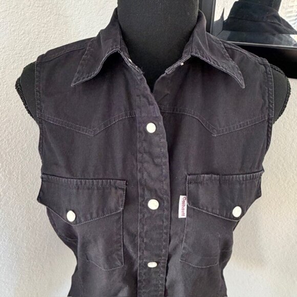 CARHARTT Black Sleeveless Pearl Snap Button Vest Shirt Medium - Picture 6 of 11